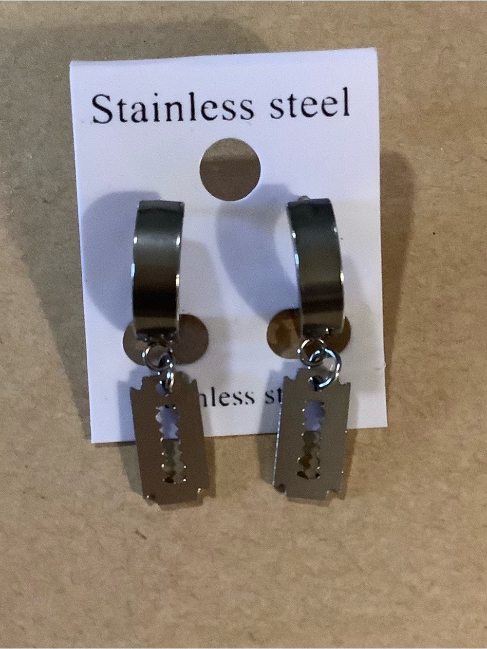 Stainless Steel Razor Blade Dangle Hoop Hugger Style Earrings -